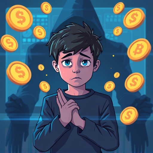 困惑表情的受害者被虛擬貨幣符號和陰影人物包圍的插圖，象徵台灣虛擬貨幣詐騙的常見陷阱