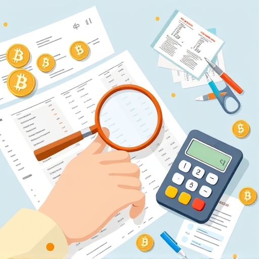 個人仔細整理USDT交易紀錄與稅務出金文件的放大鏡管理插圖