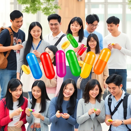 台灣人日常服用益生菌膠囊的多元族群插圖，展現健康養生風格