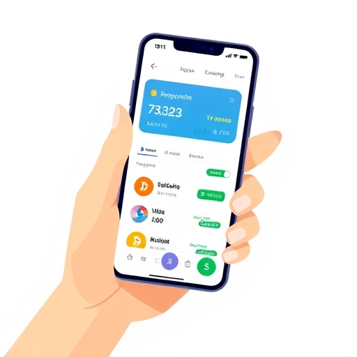 手持智慧手機顯示台灣加密貨幣交易所介面的風格化插圖，包含台幣與比特幣圖示，現代簡潔美學