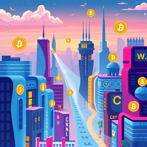 加密貨幣交易所城市景觀，USDT 定存平台間數位貨幣流動的生動插圖