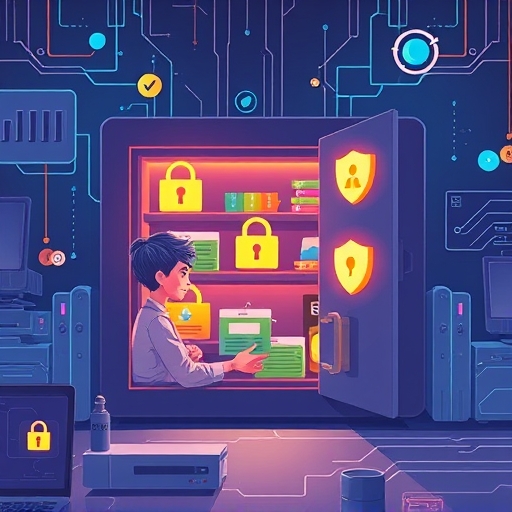 人物小心整理數位資產於安全數位保險庫的插圖，含發光鎖與盾牌，象徵加密錢包與資產安全