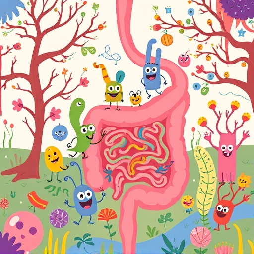 健康活潑腸道菌群插圖，展示益生菌調整腸道菌群平衡的益處