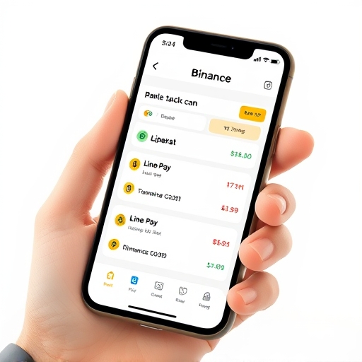 手持智慧手機顯示幣安 P2P 交易介面，包含銀行轉帳與 Line Pay 等台灣支付選項的近距離插圖