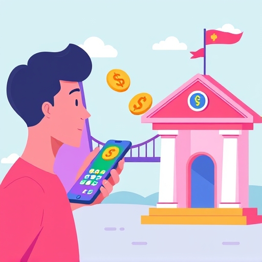 台灣用戶透過手機安全轉移數位資金示意圖，彩繪橋樑連接幣安與本土銀行，象徵C2C交易及本土交易所出金方式，操作簡單省錢