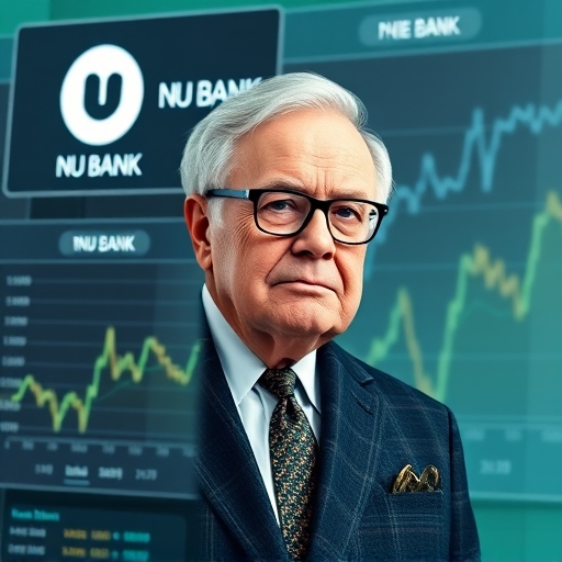 NuBank 數位銀行介面顯示加密貨幣圖表與巴菲特肖像，突顯波克夏間接投資加密市場