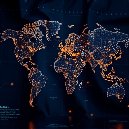 展開的數位地圖顯示去中心化金融協議的複雜路徑與發光節點，強調DefiLlama的DeFi數據透明視覺化功能