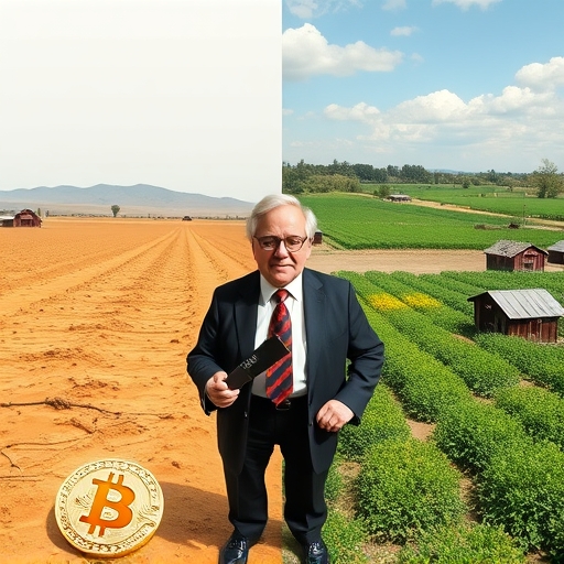 比特幣荒蕪廢地對比生產性農田影像，巴菲特站中間象徵價值投資區分無生產資產