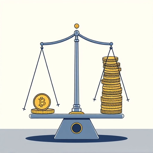 虛擬貨幣槓桿交易中風險放大的數位天平與不穩定金幣塔插圖