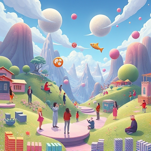 元宇宙虛擬世界中多樣頭像互動與浮動 NFT 的夢幻插圖