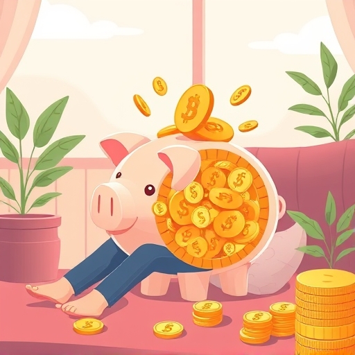 人物輕鬆互動數位豬仔銀行，內含 USDT 幣與利息圖示，傳達被動收入的寧靜富裕氛圍插圖