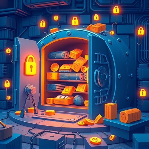 安全數位金庫滿載發光數位資產並連結各種現實物件的插圖，象徵透過 NFT 代幣化實體資產與強健安全措施