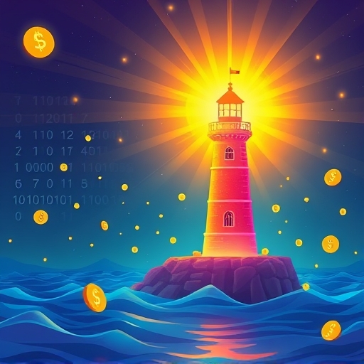 光芒四射燈塔引導數位貨幣海洋的插圖，象徵DefiLlama作為DeFi市場導航儀的角色