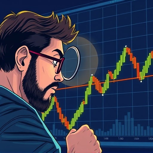 交易員使用放大鏡仔細檢視虛擬貨幣槓桿交易圖表與潛在收益的插圖