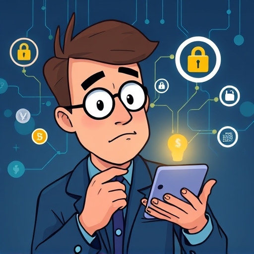 投資者仔細檢視NFT數位代幣連結虛擬與真實世界的卡通風格插圖，融入安全圖示