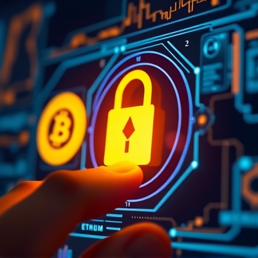 手部互動發光數位錢包介面的特寫插圖，顯示比特幣與以太幣符號及安全鎖，說明虛擬貨幣錢包管理安全
