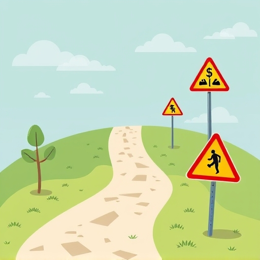 財務旅程插圖顯示安全路徑與風險警示，教導虛擬貨幣投資風險控管與防詐