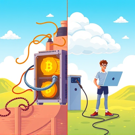 幣安雲端挖礦與硬體挖礦對比圖：一邊實體礦機運轉，一邊雲端租用算力