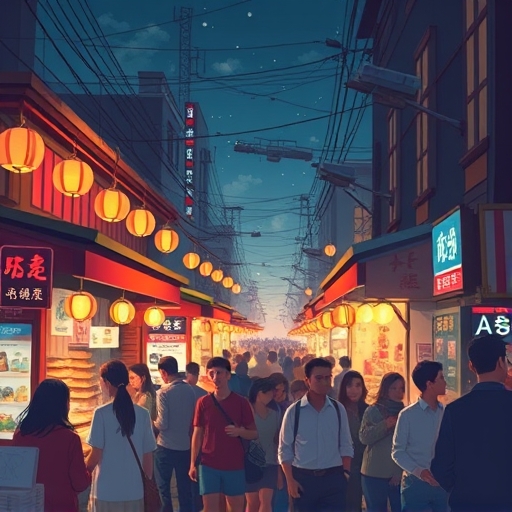 熱鬧夜市場景插圖中巧妙融入數位 NFT 元素於攤位與人群，象徵傳統商業向數位資產轉型的活力