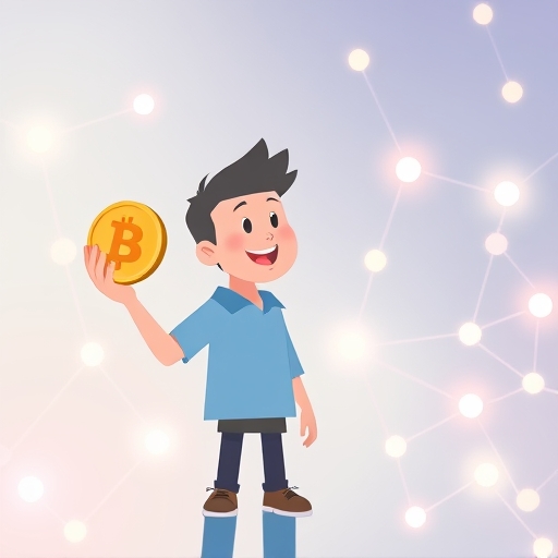 好奇新手手持數位貨幣觀察發光區塊鏈網路的插圖，適合虛擬貨幣入門學習