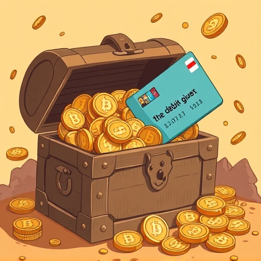 數位金幣寶箱溢出與簽帳卡象徵虛擬貨幣資產轉換日常消費力的趣味插圖