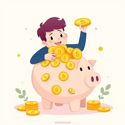 用戶快樂操作幣安理財平台，數字存錢筒滿溢加密貨幣象徵被動收入