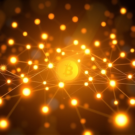 抽象數位貨幣在去中心化區塊鏈網路中流動的插圖，展示發光節點與互聯線條代表虛擬貨幣運作原理