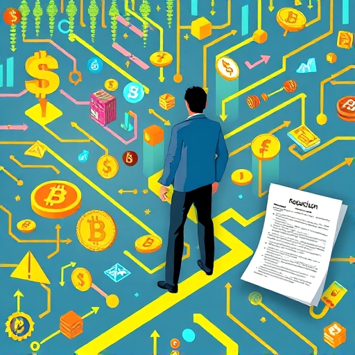 人物導航數位迷宮中金融符號與區塊鏈元素的風格插圖，旁邊監管文件象徵台灣虛擬貨幣投資安全與法規