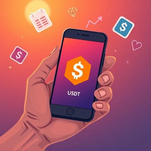 手持智慧手機顯示 Metamask 與 USDT 符號的近距離插圖，周圍浮動去中心化金融圖示