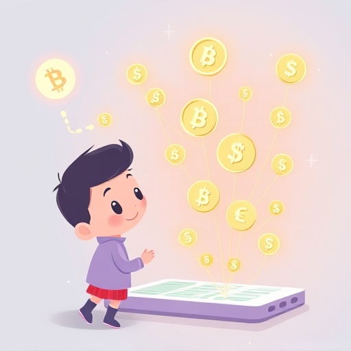 數位錢包介面插圖，顯示加密貨幣符號與發光連接線條