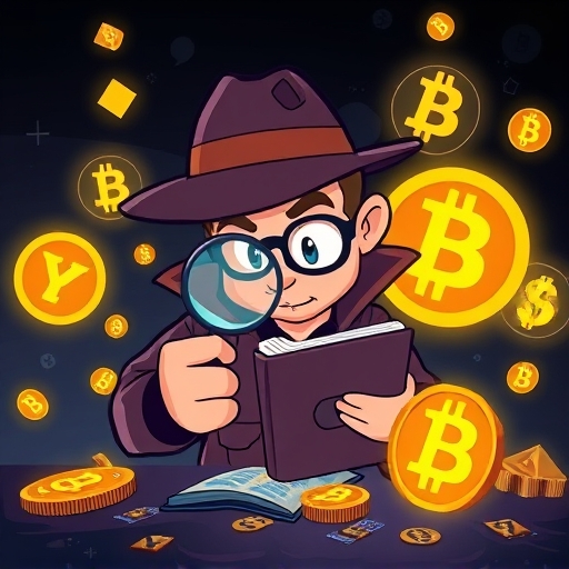 卡通偵探角色用放大鏡檢查數位錢包，尋找隱藏陷阱與詐騙符號，周圍有發光加密貨幣符號在黑暗神秘背景
