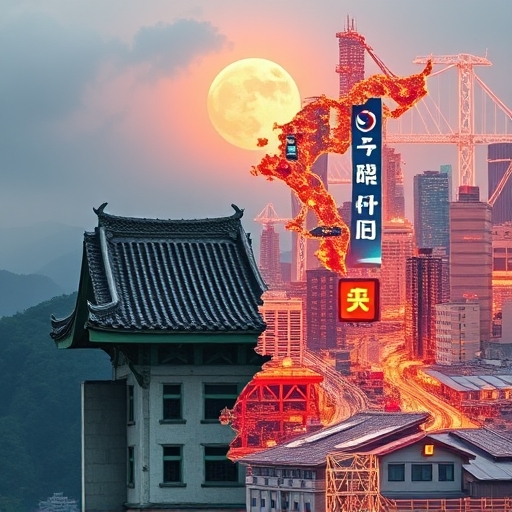 韓國半島分裂圖像，一邊傳統經濟困境一邊數位加密市場對比示意