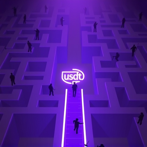 複雜數位迷宮通往發光 USDT 符號的單一路徑，周圍陰影詐騙人物環繞，警示 USDT 挖礦 App 詐騙風險的插圖
