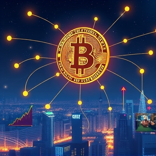 數位美元幣浮在城市天際線上方的插圖，連接發光網路線至各種財務圖標如圖表與箭頭代表投資機會