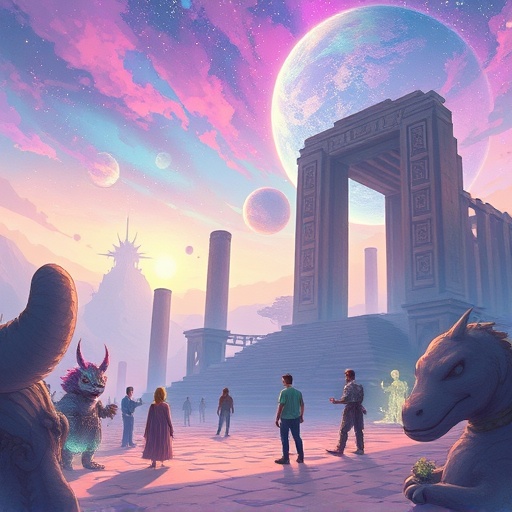 Tap Fantasy 奇幻世界插圖，充滿發光神秘生物與角色探索古代遺跡的跨平台 MMORPG 鏈遊場景