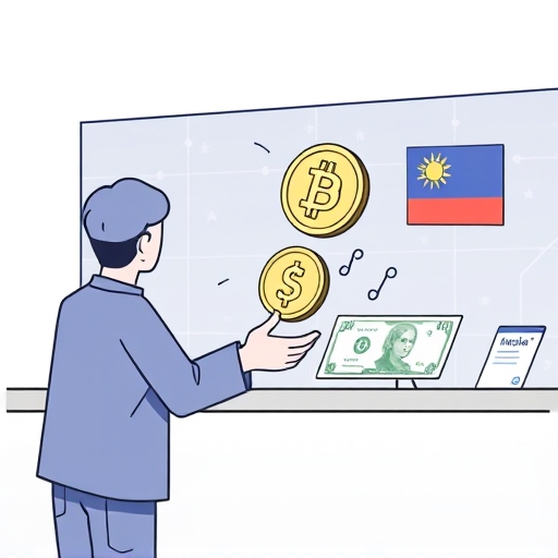 人在現代兌換櫃檯將數位美元幣兌換成台幣的插圖，背景有細微區塊鏈圖案與清晰交易符號