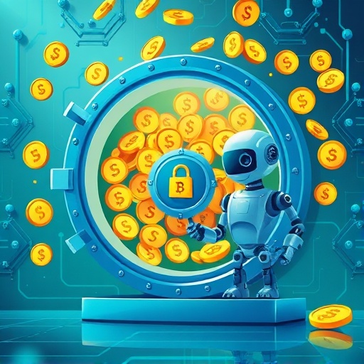 安全數位金庫溢出金色 USDT 穩定幣的插圖，由友好機器人守護，象徵穩定安全的泰達幣投資環境