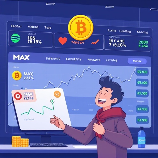 使用者快樂操作 MAX 交易所介面，強調手續費減免圖示與閃耀 MAX Token 幣的加密貨幣交易優惠插圖