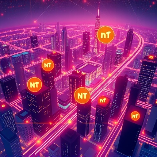 NFT 非同質化代幣在區塊鏈數位城市中的所有權與價值示意圖